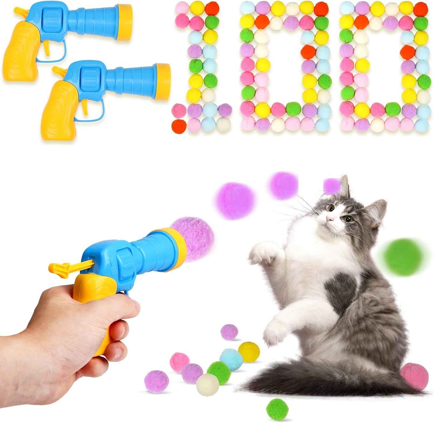 100Pcs Cat Toys Pom Pom Balls with 2 Launchers Set, Interactive Cat Toy Stuff for Indoor Both Adult & Kitten Toys