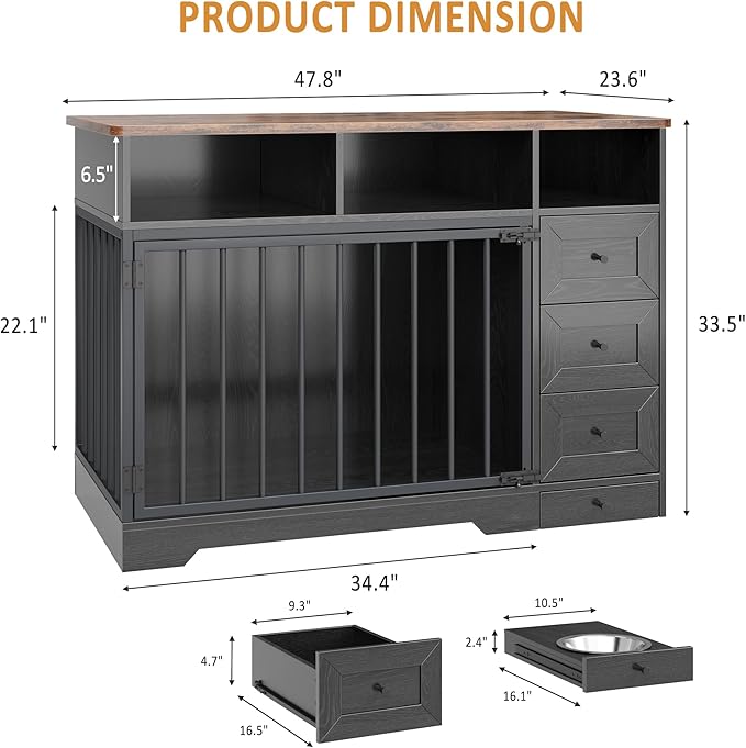 GarveeLife 48'' Dog Crate Furniture, Farmhouse Heavy Duty Dog Kennel with Bowl & Storage Drawers, Medium Dog Cage End Table for Small Medium Dogs, Black