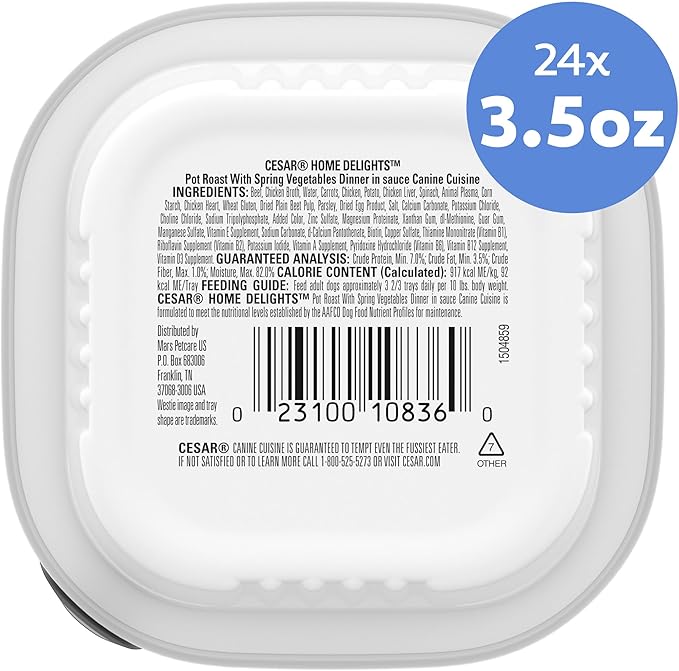 Cesar Home Delights Pot Roast Flavor with Spring Vegetables in Dinner Sauce, 3.5 oz. Easy Peel Tray, 24 Count (Pack of 1)