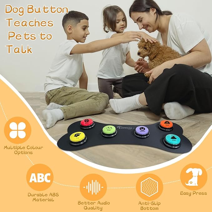 RIBOSY Dog Speech Training Buzzer Set, 6 Recordable Buttons with Non-Slip Rubber Mat and 50 Stickers - Record& Playback Your Own Voice to Train Your Dog Voice What They Need (Battery Included)