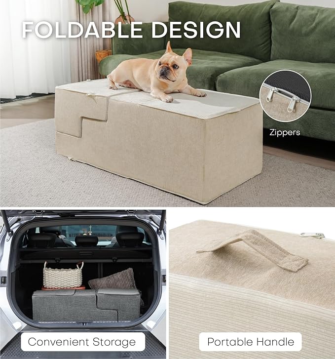 ABCPET Dog Stairs for High Bed, Dog Steps for Bed Couch Sofa, 35D Foam Extra Wide Pet Steps for Small Dogs and Cats, Pet Stairs with Non-Slip Bottom Beige, 4 Steps