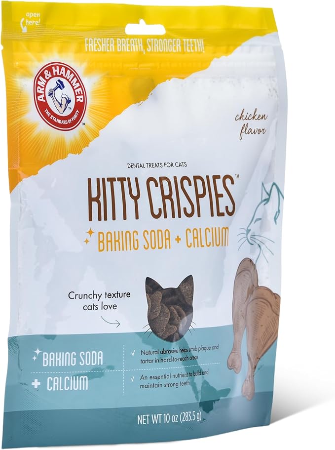 Arm & Hammer Kitty Crispies Dental Cat Treats, Baking Soda & Calcium Formula, Fights Bad Breath, Plaque & Tartar Without Brushing, Highly Digestible, Chicken Flavor, Adult Cats, 10 Oz