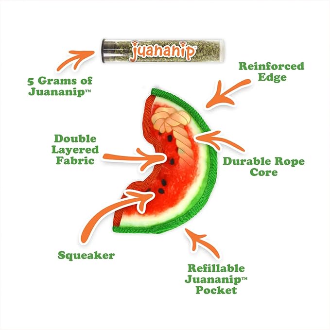 Doggijuana Mini Doggi Duo Refillable Juananip Toy Bundle | Watermelon Slice & Juananip | Funny Dog Toy Plush with Catnip and Refill | Interactive Chew for Play