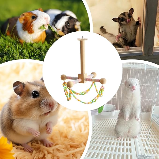 Wooden Pet Swing Toy - Bird Cage Hanging sSwing Perch Climbing Accessory, Natural Chew Safe Small Animal Toy | Hamster Guinea Pig