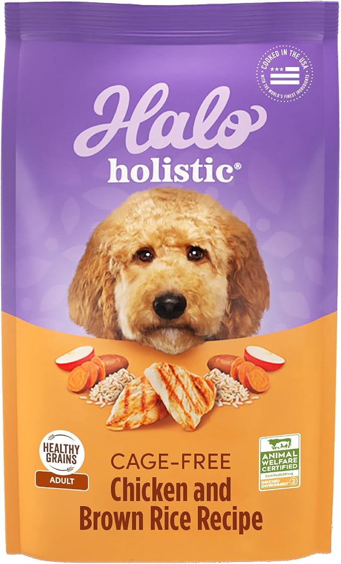 Halo Holistic Dog Food Cage Free Chicken & Brown Rice Formula, Healthy Grains Dry Dog Food, Complete Digestive Health, Kibble for Adult Dogs, 3.5 lb Bag