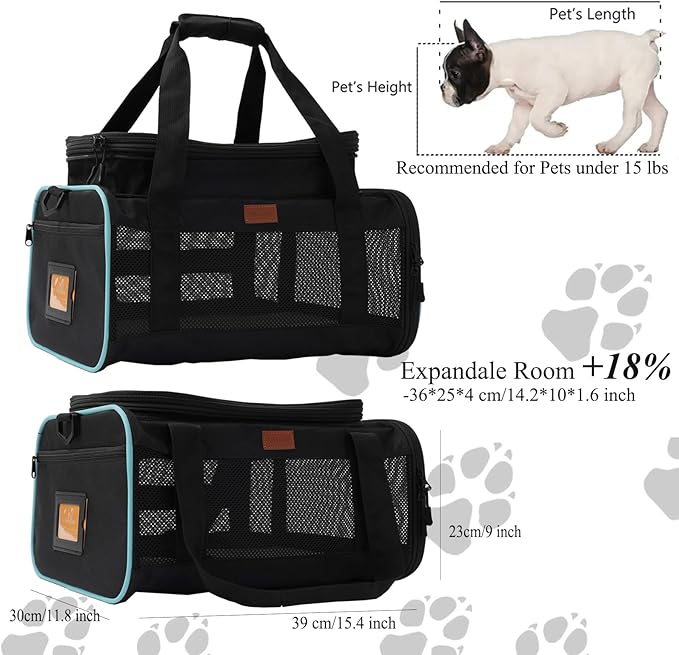 HSC PET Soft Sided Cat Carrier Soft Small Pet Carriers Dog Carrier Airline Approved Dog Carriers,Lightweight,Luxury Style,Top Expandable,Guaranteed on Cabin Board Flight Travel Recommend Under 15lbs