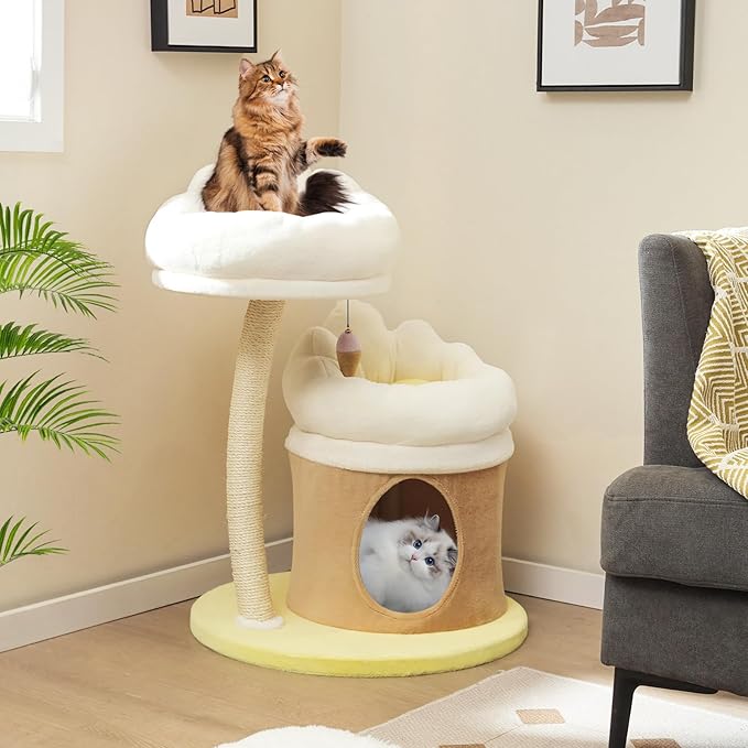 PETSITE 33 Inch Cute Cat Tree, Modern Cat Tower with Sisal Scratching Post, Cat Condo, Interactive Teasing Toy, 2 Removable and Washable Top Perches, Small Cat Tree for Indoor Cats