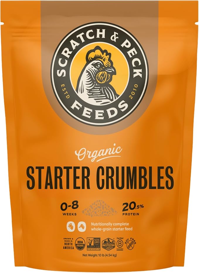 Scratch and Peck Feeds Whole Grain Starter Crumbles Chicken and Duck Feed - 10 lbs Bag - Corn-Free and Soy-Free - 20.5% Protein, Certified Organic and Non-GMO Project Verified Chicken Food