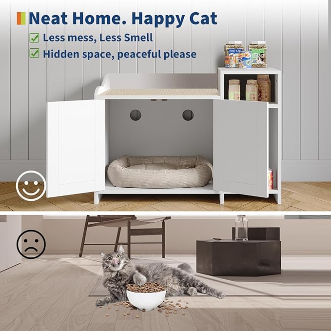 Garvee Cat Litter Box Enclosure Furniture Wooden Hidden Litter Box Cabinet with Vent Door Left Side Storage Drawer Shelf Small Storage Cabinet Raised Legs Top Protectors