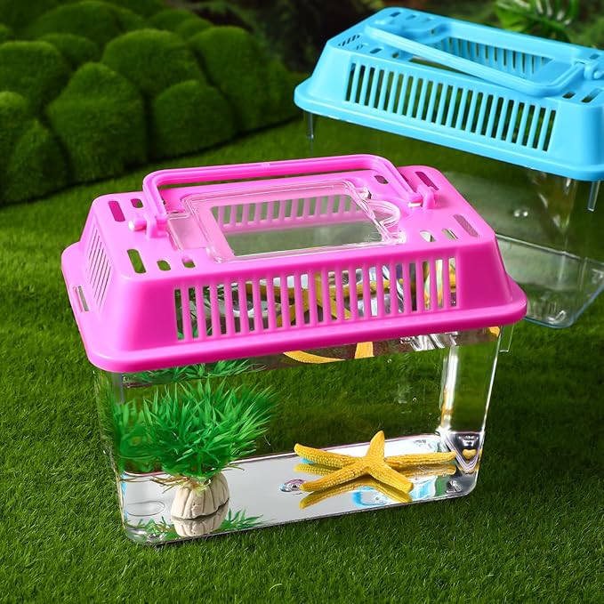 Portable Fish Tank 4-Pack Handheld Aquarium 5.90X4.33X3.74In Transparent Turtle Box Plastic Fish Carrier with Handle for Small Reptiles and Hamsters