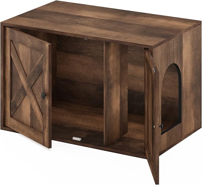 Furinno PELI Cat Litter Box Enclosure, Farmhouse Hidden Litter Box Furniture with Side Entrance, Wooden Pet House with 2 Slatted Doors, Easy Assembly, for Living Room, Rustic Brown