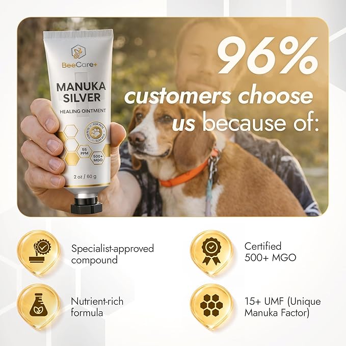 2-Pack Manuka + Silver Healing Ointment in a 2-oz Tube – Hot Spot Treatment for Dogs and Cats – Scratches, Burns & Irritations Care with 55-PPM Colloidal Silver and 500+ MGO Manuka Honey
