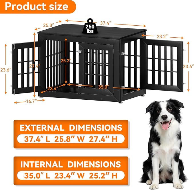 Snuowu 38" Heavy-Duty Dog Crate Furniture for Large/Medium Dogs, Rustic Wooden Dog Cage Kennel Indoor Furniture, Decorative Pet House End Table, Black