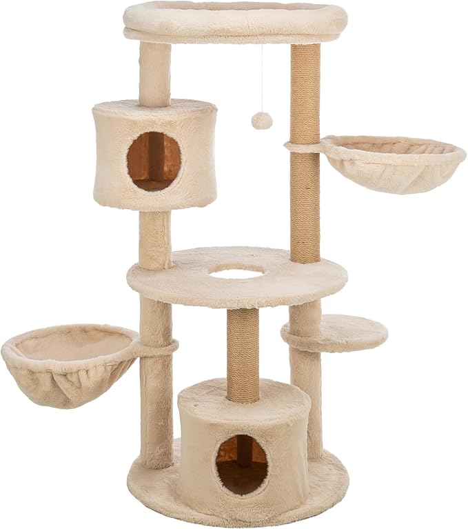 TRIXIE Anna Cat Tree – Cat Tower with Sisal Posts, Dual Hammocks, Caves & Hanging Toy – Indoor Cat Furniture for Scratching & Climbing – Beige, 23.6" x 23.6" x 50.4"