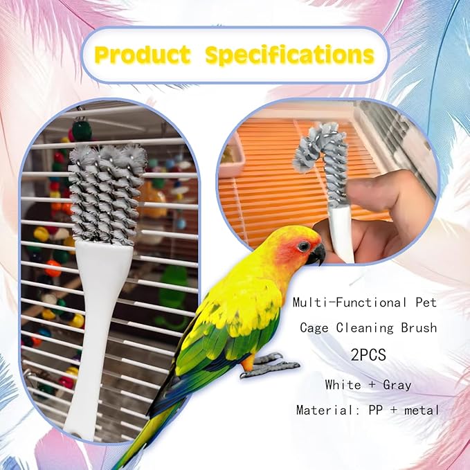2-in-1 Bird Cage Cleaning Brush & Poop Remover with Long Handle – Scraper, Curved Brush for Parrot Cages, Kennels, and Perches – Rust-Resistant Pet Habitat Cleaning Tool (2 Pcs) (Grey+White)