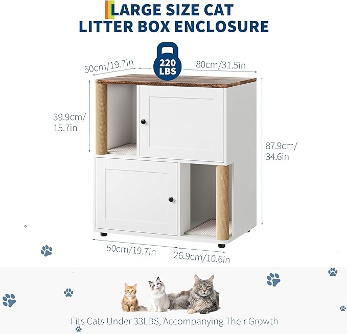 Cat Litter Box Enclosure for 2 Cats, Hidden Litter Box Furniture with Scratch Post and Double-Layer Litter Mats,Farmhouse Wooden Cat House Washroom or Bed, White