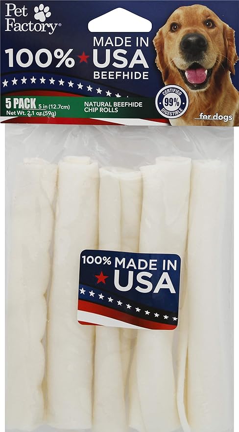 Pet Factory 100% Made in USA Beefhide 5" Chip Rolls Dog Chew Treats - Natural Flavor, 5 Count/1 Pack