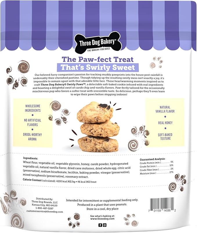 Three Dog Bakery Swirly Paws, Soft-Baked Puppy Training Treats with Carob Chip & Vanilla, Biscuits for Dogs