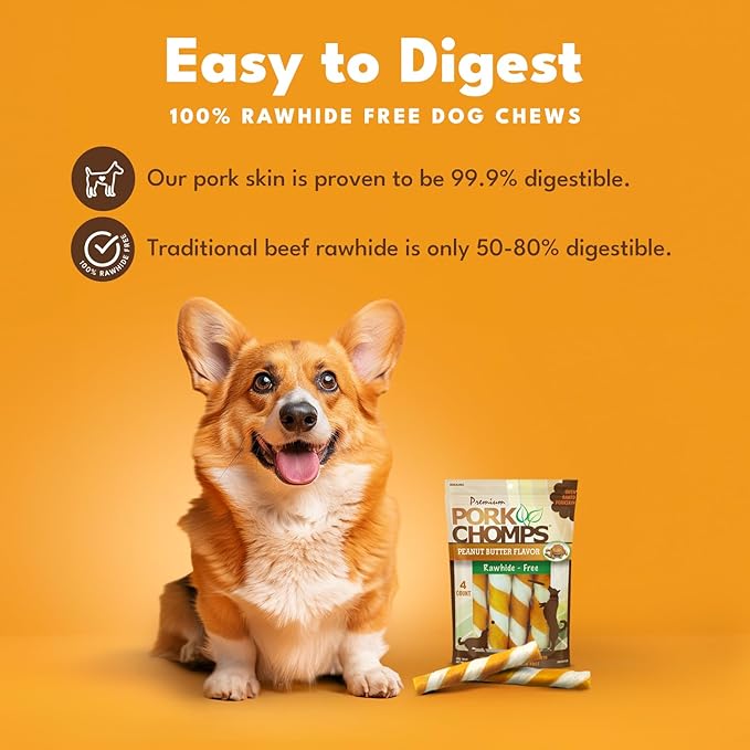 Pork Chomps Baked Pork Skin Dog Chews, 6 Inch Twists, 4 Count - Peanut Butter Wrap - Long-Lasting Treats for Dogs - High Protein, Rawhide-Free, Low Fat, Healthy & Delicious Chews