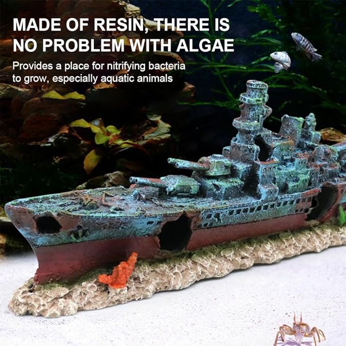 Aquarium Creative Warship Wreckage Ornament - Sunken Pirate Ship Decor for Fish Tank, Artificial Coral Reef Hideout Cave with Aquatic Plants, Unique Underwater Landscape Centerpiece for Aquatic Pets