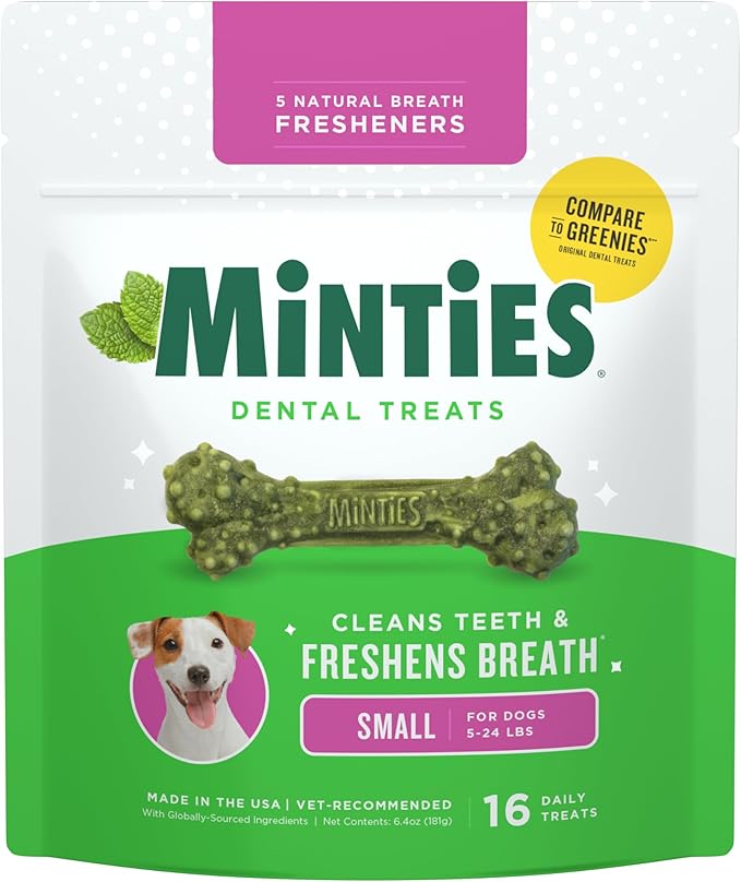 Minties Dog Dental Bone Treats, Tiny/Small Dental Dog Treats, 5-25 lbs, Clean Teeth, Fight Bad Breath, Removes Plaque and Tartar, 16 Count