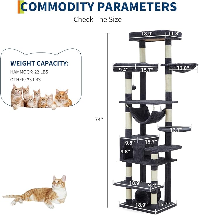 GarveeLife Cat Tree for Large Cat 74", Cat Tower Tree for Indoor Cats with 11 Scratching Posts, Hammock, Large Top Perch,Toy Balls, Condo, Sturdy Heavy Duty House for Adult Big Cats