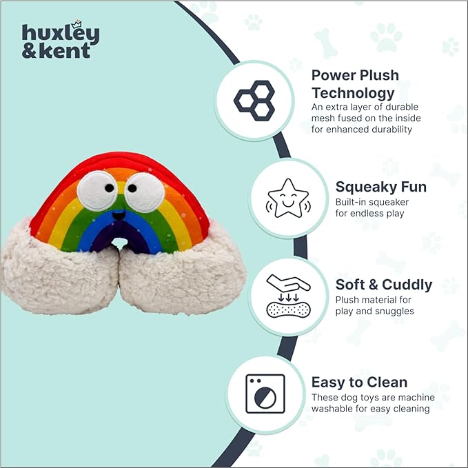 Huxley & Kent Funny Dog Toy w/Squeaker – Power Plush Squeaky Dog Toys for Small, Medium & Large Dogs – Soft Stuffed Animal for Indoor Play & Fetch - Happy Rainbow, Small