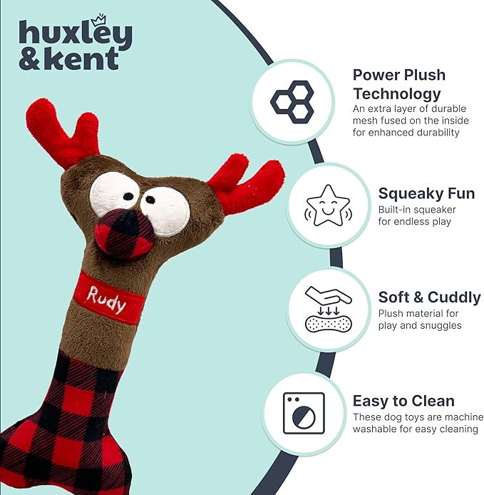 Huxley & Kent Funny Dog Toy w/Squeaker – Holiday Power Plush Squeaky Dog Toys for Small, Medium & Large Dogs – Soft Stuffed Animal for Indoor Play & Fetch - Reindeer Bone, One Size