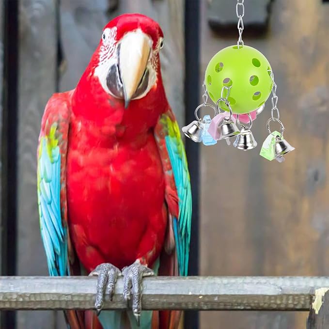 Totority Parrot Hanging Bell Ball with Colorful Chew Bell, Bird Cage Hanging for Parrots and Small Birds, Sturdy Green Plastic Pet for Cage Play and Chewing