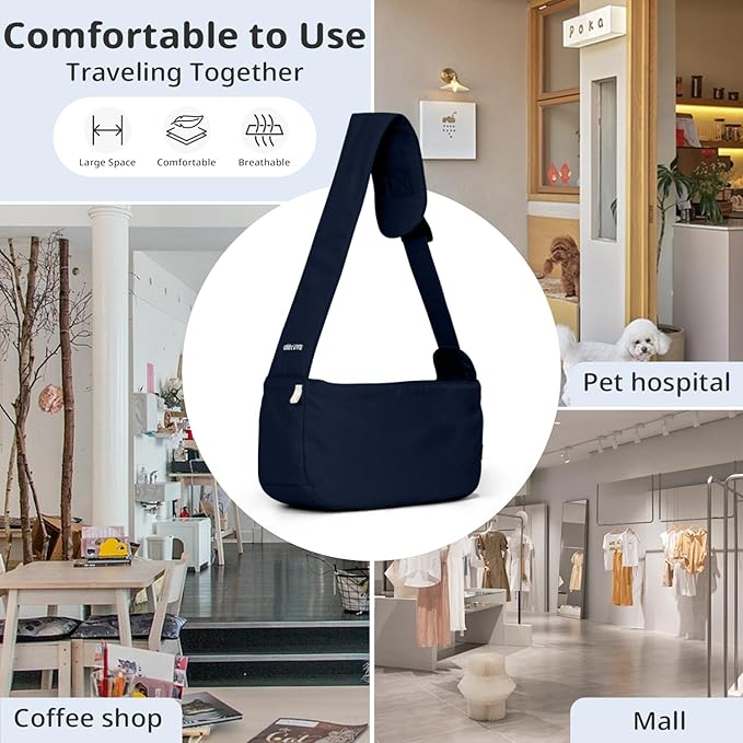 ONECUTE Dog Sling Carrier for Small Dogs and Cats, Lightweight Collapsible Pet Travel Bag with Adjustable Strap, Side Pockets & Breathable Mesh (Navy Blue, 15.7" L x 5.9" W x 8.6" H)