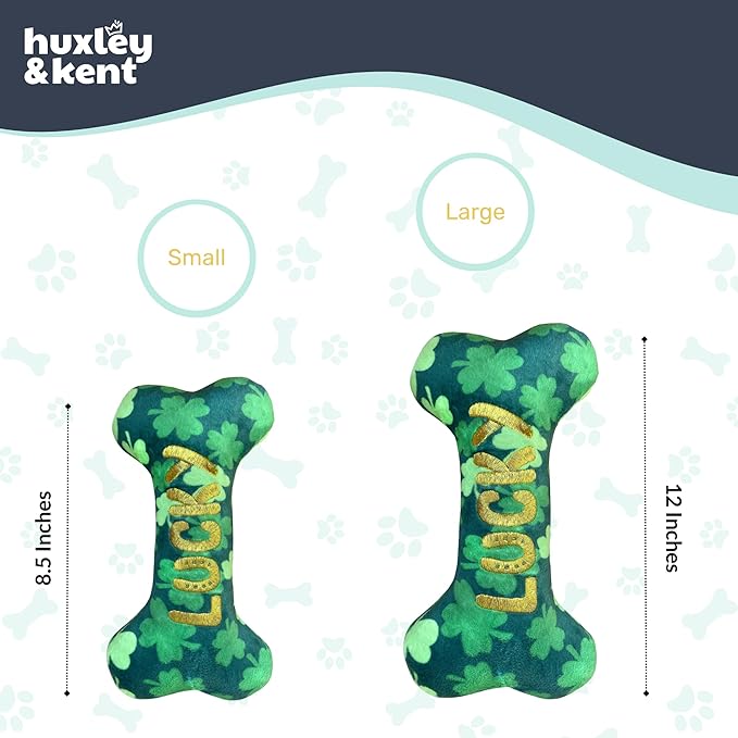 Huxley & Kent Funny Dog Toy w/Squeaker – St. Patrick's Day Power Plush Squeaky Dog Toys for Small, Medium & Large Dogs – Soft Stuffed Animal for Indoor Play & Fetch - Lucky Charm Bone, Small