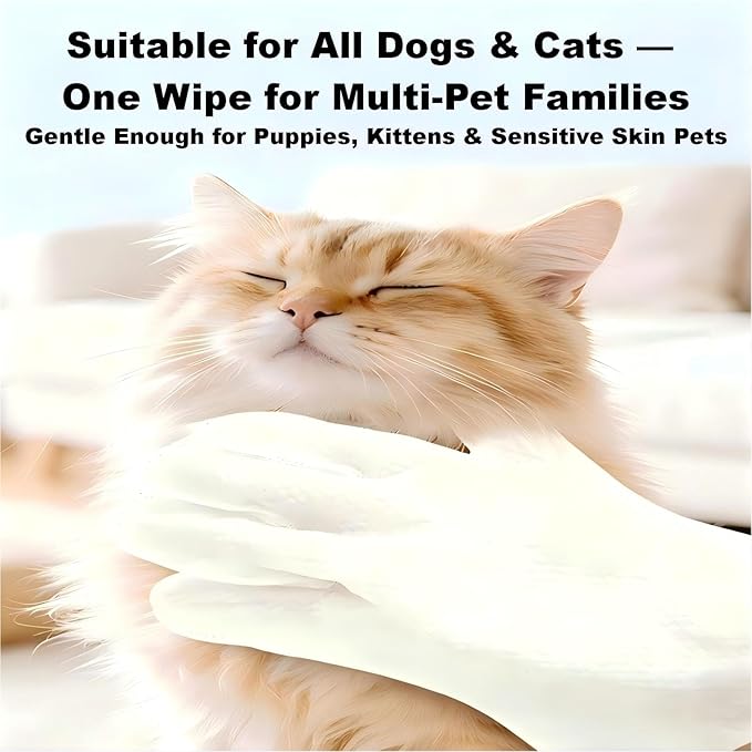 Pet Glove Wipes for Cats & Dogs, No Rinse Deodorizing Cleaning Mittens, Sphynx Cat Supplies, Thickened Hypoallergenic Aloe Vera, Unscented Full Body Grooming, Daily Care & Travel, 18 Count