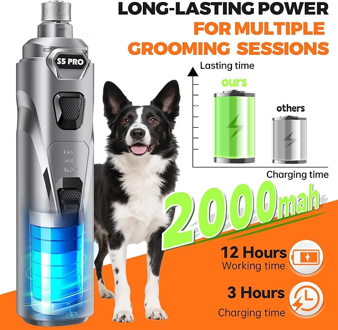 Whisper Quiet Dog Nail Grinder with 4 LED Lights, Safe & Stress-Free for Sensitive Dogs Cats of All Breeds & Sizes, 3 Grinding Bits, 3-Speed, Pet Nail Trimmers, Rechargeable Painless Grooming Kit Grey
