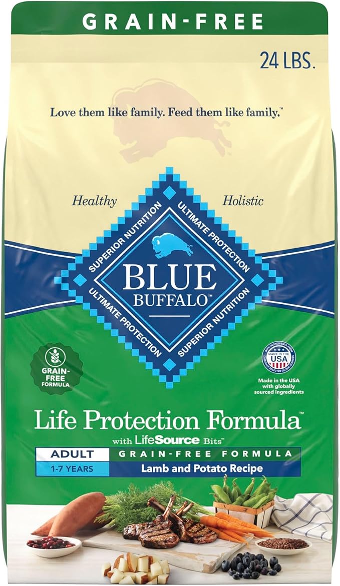 Blue Buffalo Life Protection Formula Natural Grain Free Adult Dry Dog Food, with Lamb and Potatoes, 24 lb. Bag