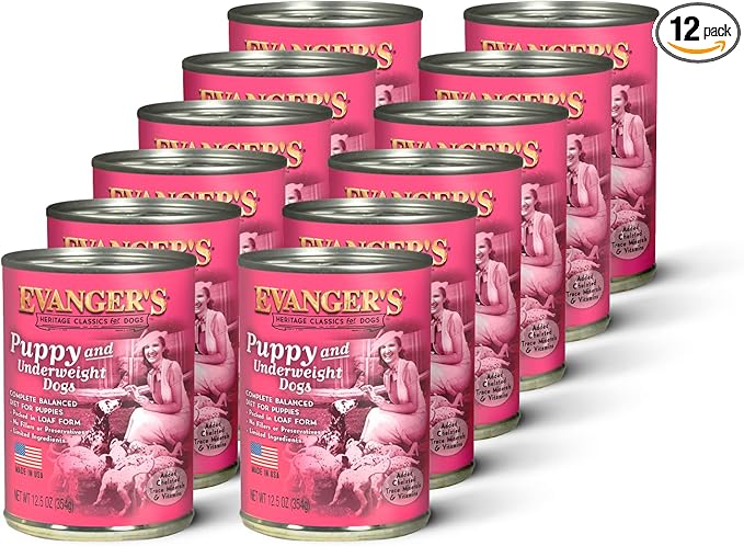 Evanger's Heritage Classic Puppy Food – 12 Count, 12.5 oz Each – Tasty Meat-Based Formula for Puppies & Underweight Dogs – Added Vitamins & Chelated Trace Minerals – Grain & Gluten Free