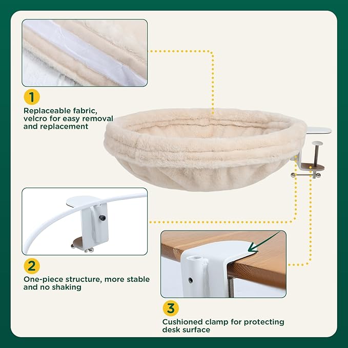 Cat Desk Bed, Round Cat Bed for Desk，Adjustable Steel Frame, Indoor Desk Perch for Cat up to 25 lbs, Unique and Modern Cat Furniture（Cream）