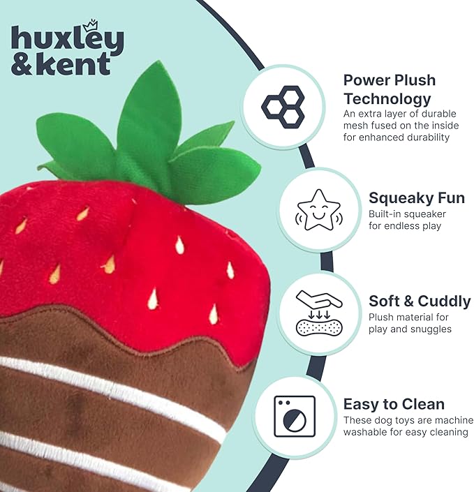 Huxley & Kent Funny Dog Toy w/Squeaker – Valentine's Day Power Plush Squeaky Dog Toys for Small, Medium & Large Dogs – Soft Stuffed Animal for Indoor Play & Fetch - Chocolate Strawberry, Large