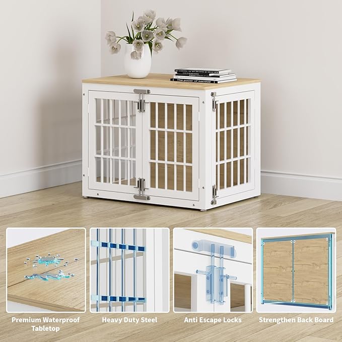 33" Heavy Duty Dog Crate Furniture, Wooden Dog Cage Kennel for Lrage and Extra Large Dogs, Dog Kennel Indoor with Side Door, Decorative Pet House End Table, White and Natural