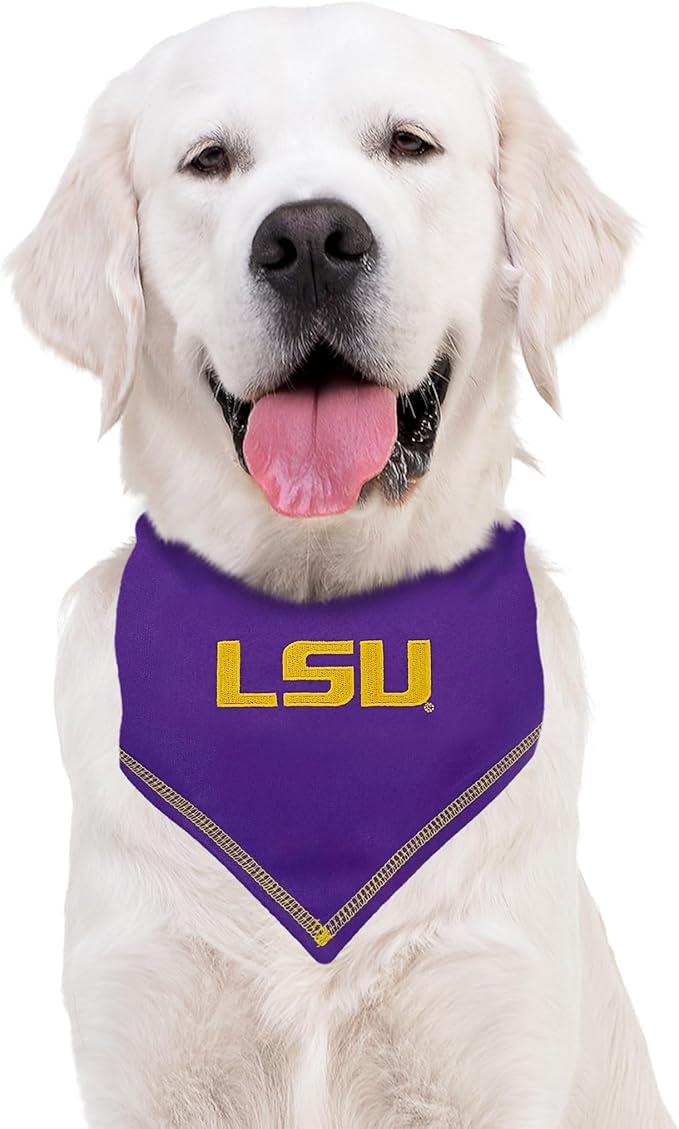 Pets First NCAA LSU Tigers Tie Bandana, Small/Medium. Dog Bandana Scarf Bib for Pet Cat Dog. The Ultimate Game-Day, Party Bandana (LSU-3550-S-M)