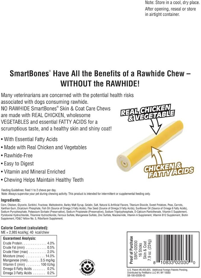 SmartBones Skin and Coat Care Sticks, Rawhide-Free Chews for Dogs, with Omega Fatty Acids, 16 Count (Pack of 4)