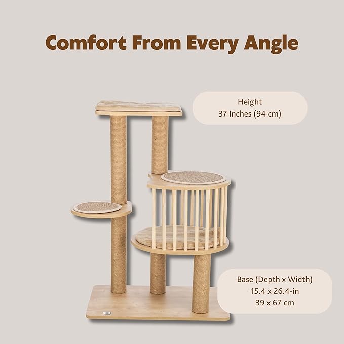 Trixie Aspen 37" Cat Tree - Modern Multi-Level Tower with Condo, Platforms, Cushions & Sisal Scratching Posts – Tall Indoor Cat Furniture with Perches, Scratchers, Cushion & Easy-Clean Surfaces