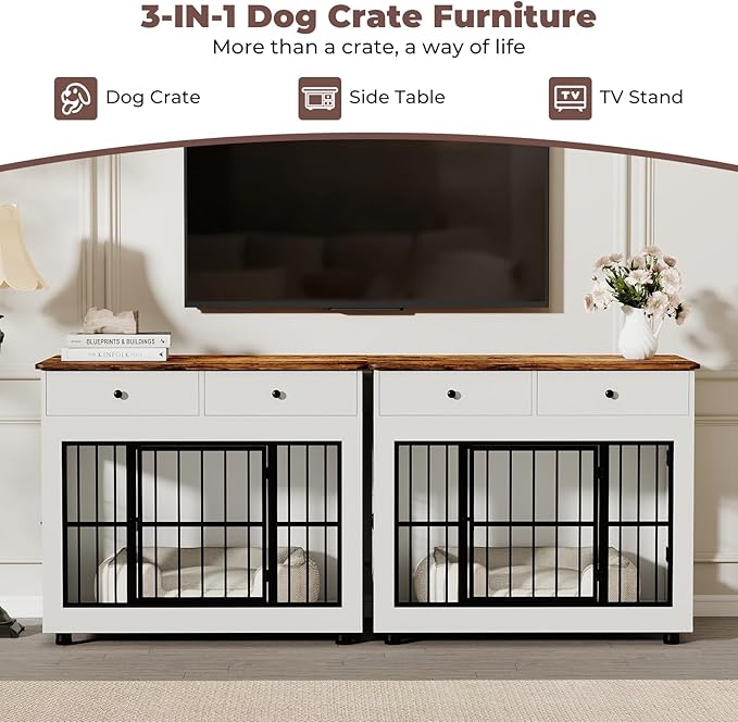 40 inch Dog Crate Furniture-Farmhouse Dog Kennel with Drawers-Heavy Duty End Table Wooden Pet Crate, Decorative Dog House Indoor for Small Medium Large Dog, White