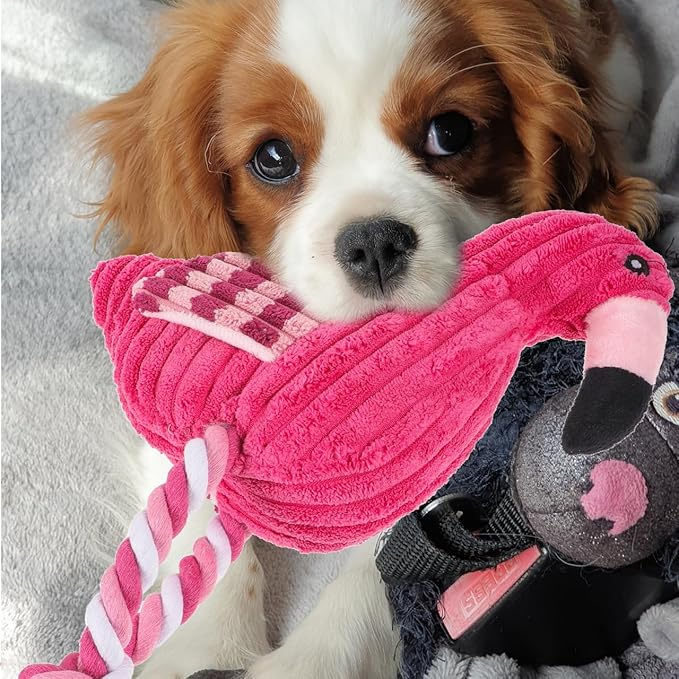 POPETPOP Flamingo Squeaky Rope Dog Toy 11.81X7.08X3.14In Interactive Corduroy Plush Chew Toy for Indoor Play Suitable for Small to Large Dogs