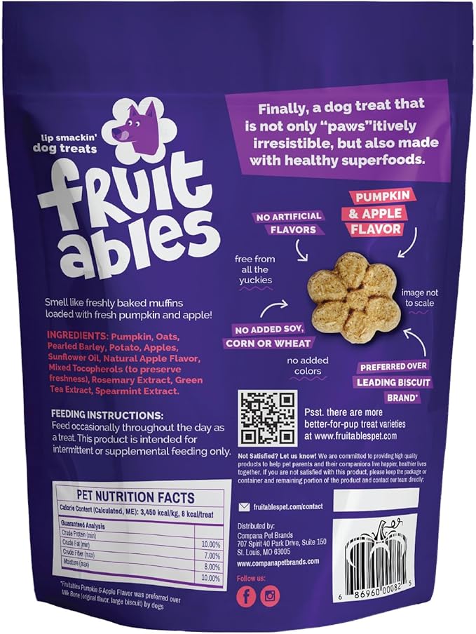 Fruitables Baked Dog Treats, Healthy Pumpkin Treat for Dogs, Low Calorie & Delicious, No Wheat, Corn or Soy, Made in the USA, Pumpkin and Apple Flavor, 12oz