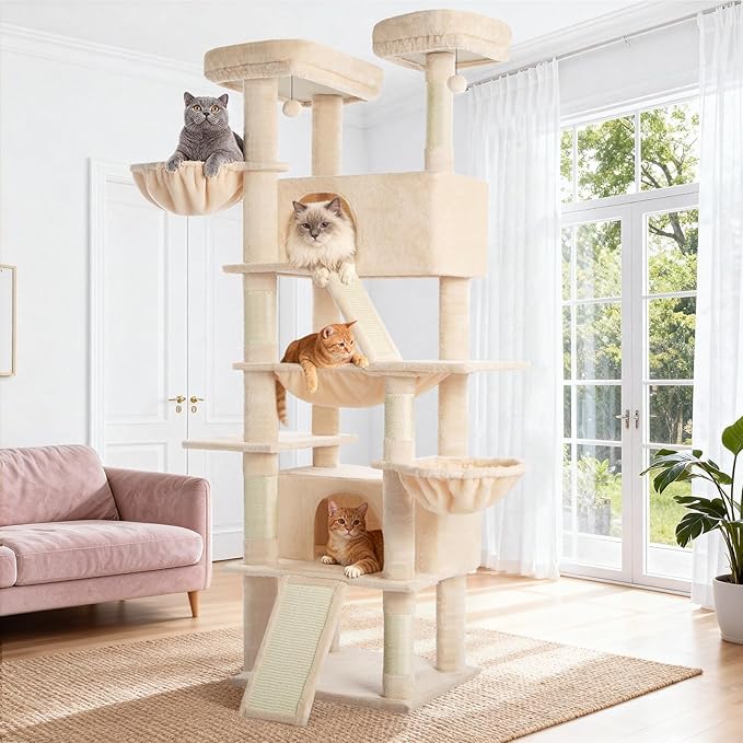 ABCPET Cat Tree 82 in Multi-Level Cat Tower for Indoor Cats, Heavy Duty Large Cat Tree with Sisal Scratching Posts, Hammock, 2 Perches, 2 Condos, 2 Hanging Baskets, Beige
