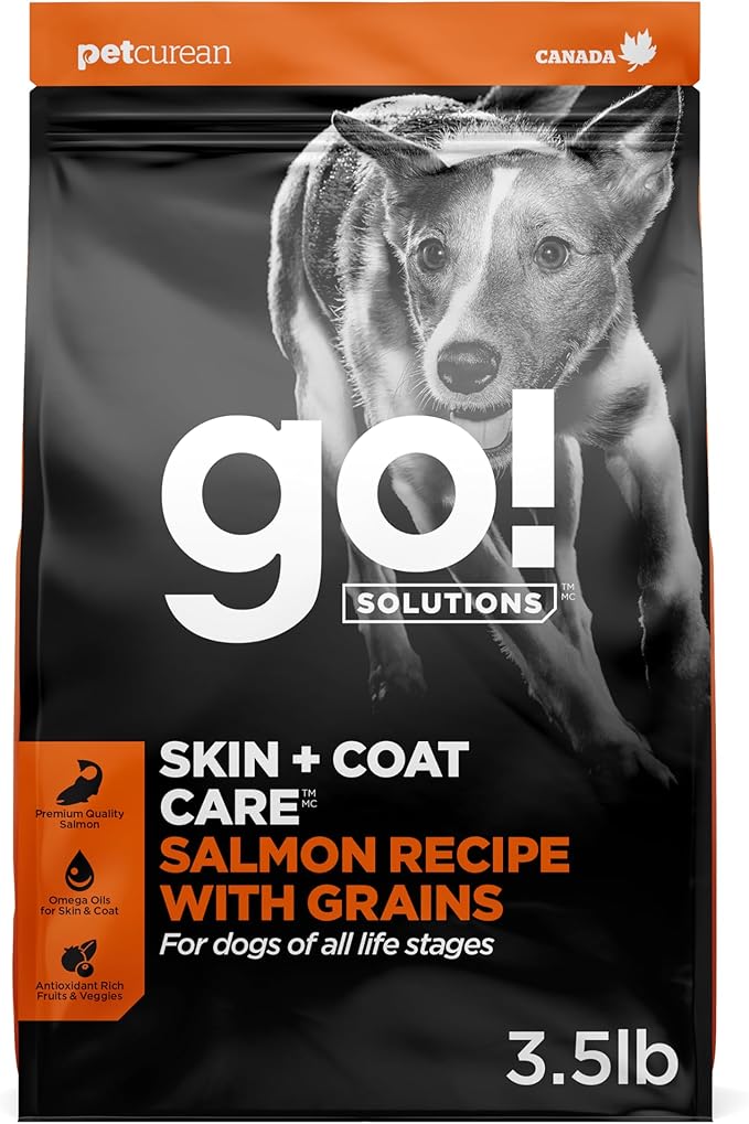 Go! Solutions Skin + Coat Care Salmon Dry Dog Food with Grains, Chicken-Free, Healthy Kibble with Omega-3s & 6s for Soft, Shiny Fur, for Puppies, Adults, & Seniors, 3.5 lb Bag