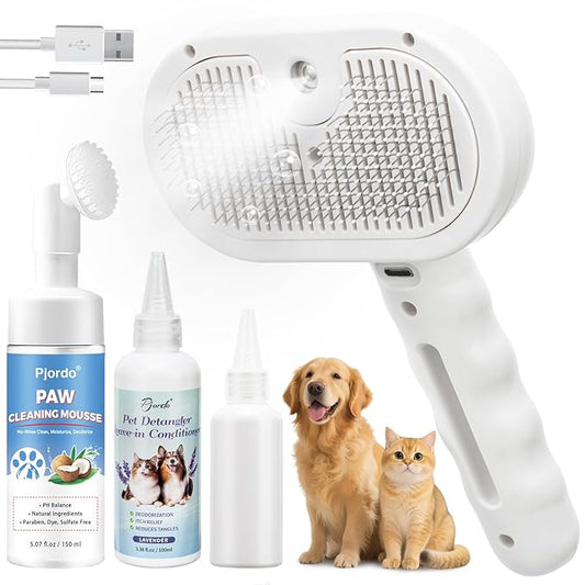 Pjordo Pet Steam Brush for Cat & Dog, 5-in-1 Pet Spray Hair Removal Comb for Reducing Shedding, Grooming Brush for Long Short Haired Cat & Dog, No-Rinse Foaming Cleanser for Cleaning Paw