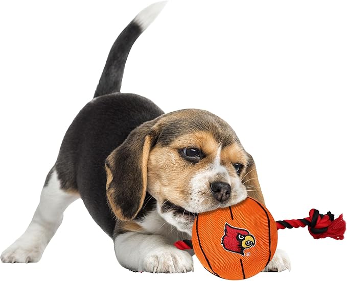 NCAA Louisville Cardinals Basketball Rope Toy for Dogs & Cats. Tough Nylon, Sporty Basketball Design, Heavy-Duty Ropes with Inner Squeaker