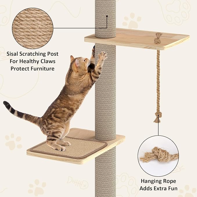 Yafylly Cat Window Perch with Scratching Post & Step, 47" Adjustable Window Perch for Large Cats, Cat Hammock for Window with Suction Cups, Multi-Level Cat Tree for Climbing, Sunbath, Bird Watching