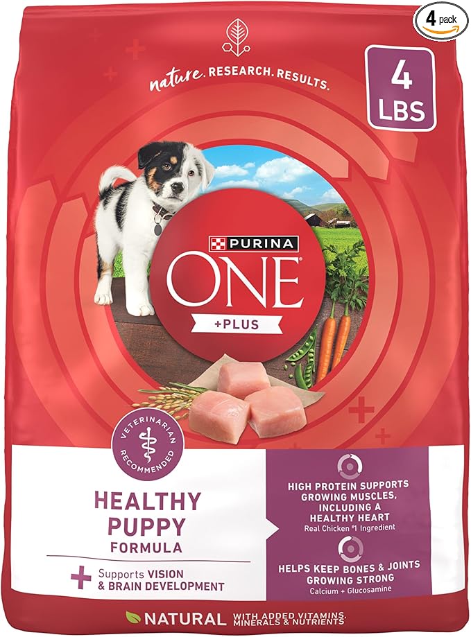 Purina ONE Plus Healthy Puppy Formula High Protein Natural Dry Puppy Food with added vitamins, minerals and nutrients - (Pack of 4) 4 lb. Bags